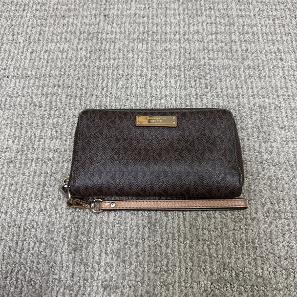 Michael Kors Wristlet Wallet Brown Zip Around Medium - Picture 1 of 8